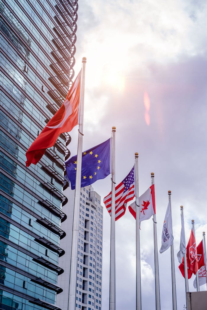 Low-angle shot of various national flags waving beside a modern skyscraper with a sunny sky.
